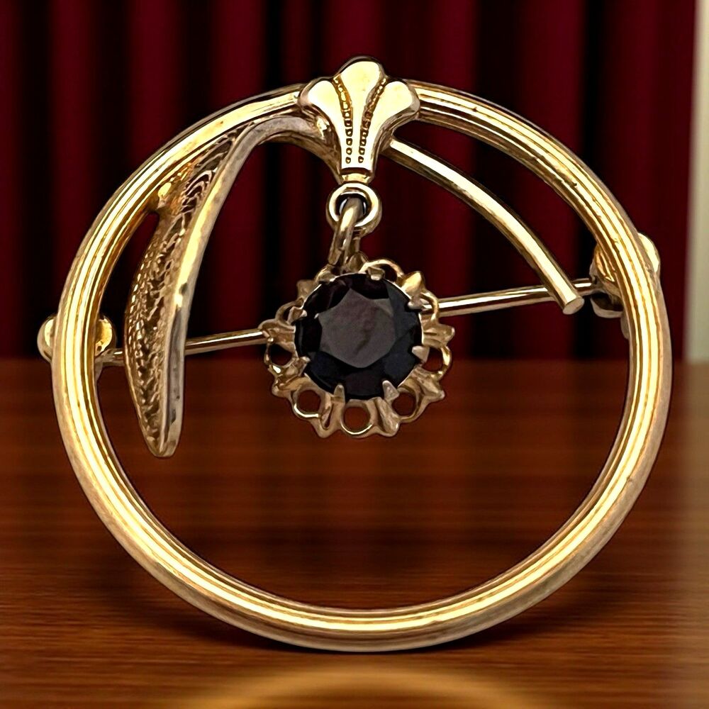 Vintage 1940s Garnet Drop Circle Brooch 14K Gold Overlay Pin - 7S